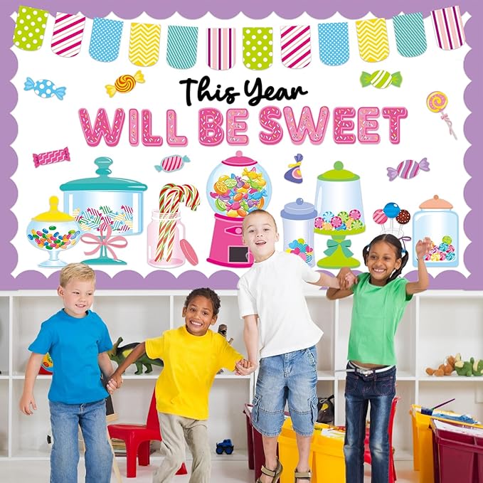 QOUBAI Candy Bulletin Board Set Sweet Theme Classroom Bulletin Board Decorations Pink Gumball Machine Cutouts Classroom Decorations for Back to School Office Home Chalkboard Decor Wall Door