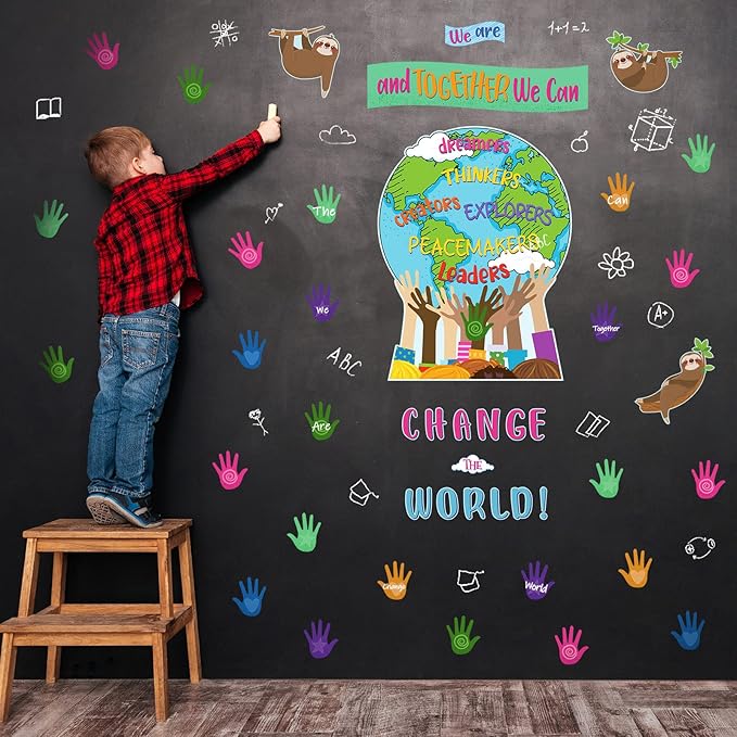 Gersoniel 67 Pcs One World Together We are and Together We Can Change The World Classroom Bulletin Board Set Decorations Back to School Board Border for Party Classroom School Chalkboard Wall Decor