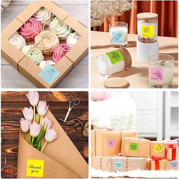 1.5 Inch Square Thermal Label Printer Stickers, Self-Adhesive Direct Thermal Labels Stickers, Waterproof/Perforation Line Design- 500 Sheets/ 5 Colors