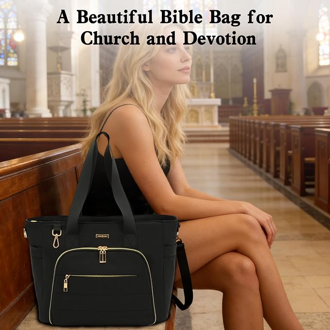 Large Bible Bag for Women, 2-in-1 Bible Tote with Detachable Embroidered Bible Cover & Study Supplies, Church Bible Study Bag, Gift-Ready Christian Gift for Women (Black)