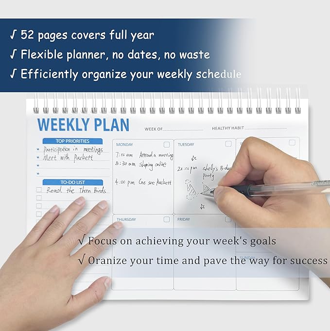 Spiral Weekly Planner - 7.5" x 10" Weekly Planner Notepad with 52 Sheets, 100gsm Paper, Undated Planners for Time Management & Habit Tracker, Weekly Calendar for Organizing Your Week (Blue)