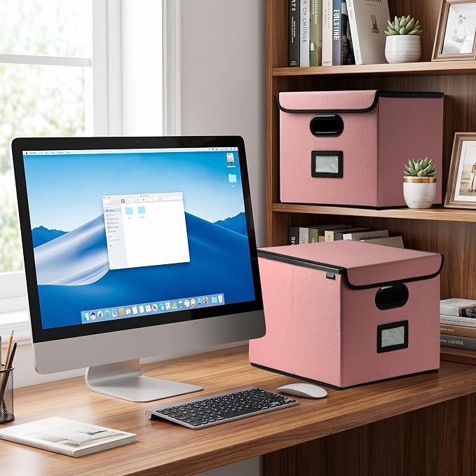 Qerlei File Organizer Boxes with Lids,Collapsible File Folder Organizer with Plastic Slide,Collapsible Filing & Storage Boxes for Office/Decor/Home (Pink, 2 Pack)