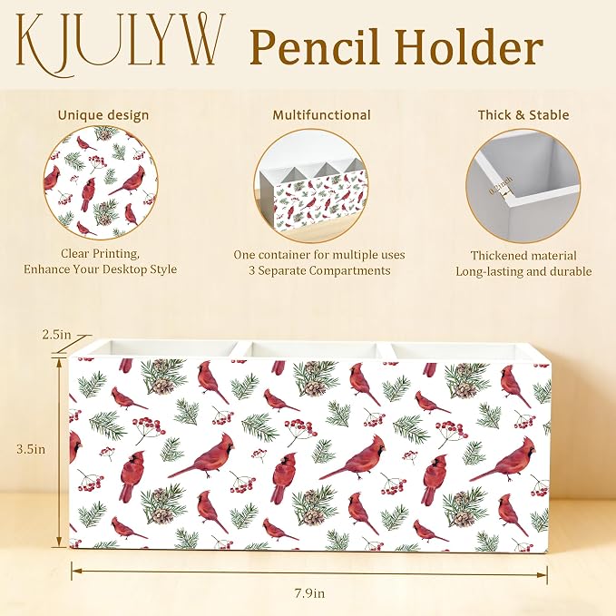 Red Cardinal Pen Holder for Desk, Cardinal Lover Gifts, Red Bird Holly Berry Wooden Box Pencil Pen Holder Organizer for Home Office Desk Accessories