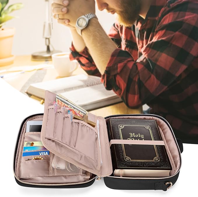 Teamoy Large Bible Cover, Women Bible Carrying Case Church Bag with Straps and Pens Holder, Bible Study Supplies Tote Bag, Black Quilted