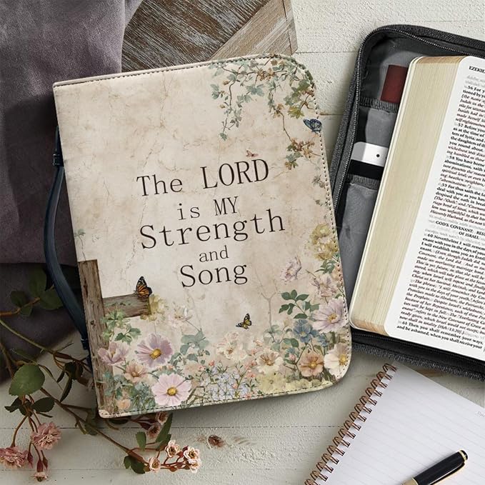 Vintage Floral and Cross Bible Case with Bookmark Waterproof Bible Cover Case for Women Lightweight Bible Bag with Handle Pockets Church Book Bag Beige
