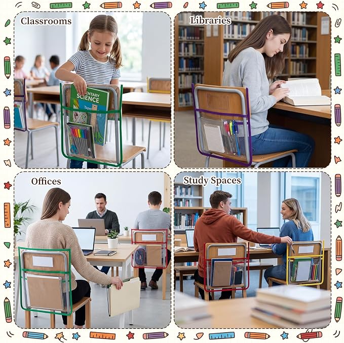 24 Pack Chair Pockets for Classrooms, 17 x 15 Inch Chairback Pocket with Name Tag Slot, Book Storage Bags for Library, Classroom, Office, Home