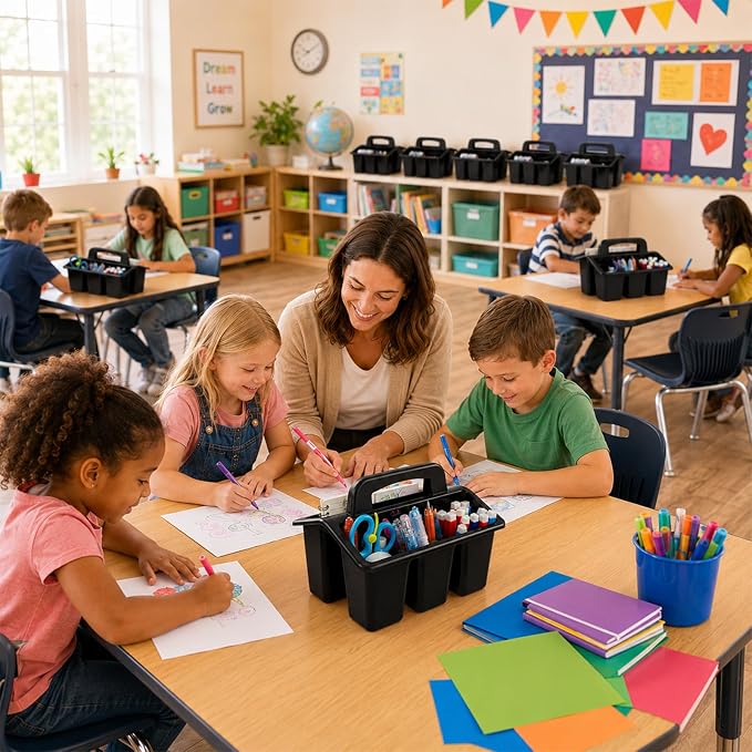 8 Pack Classroom Caddy Storage Basket with Handle 4 Compartment Storage Caddy Plastic Arts Crafts Caddies Protable Classroom Craft Caddies for Kids Schools Art Craft Supplies(Black)
