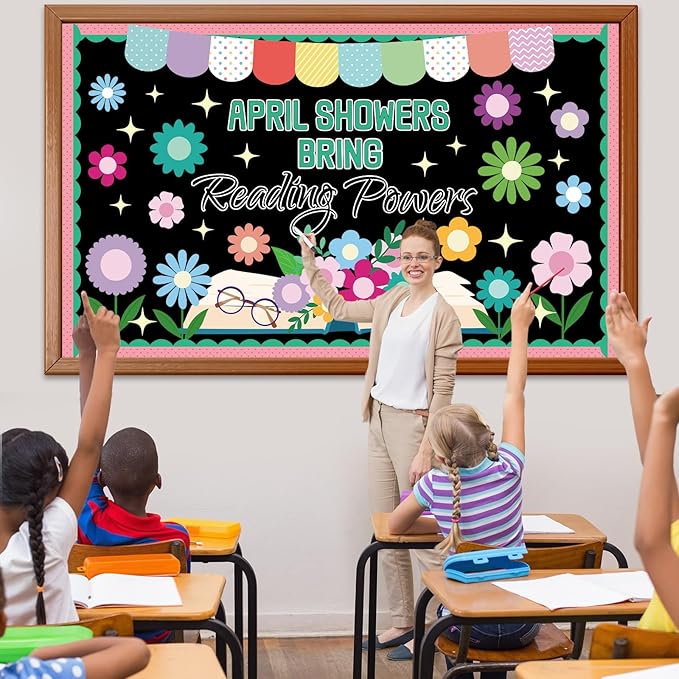 April Showers Bring May Flowers Bulletin Board Decorations Set Spring Reading Classroom Decoration April Floral Bulletin Board Spring Floral Cutout for Back to School Office Home Chalkboard Wall Decor