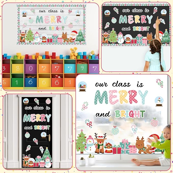 Christmas Classroom Bulletin Board Decorations Santa Xmas Tree Snowflake Cutouts Our Class is Merry and Bright Paper Cutouts Xmas Classroom Decor for Wall Chalkboard Decor Supplies