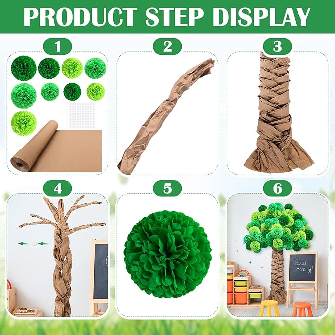 Mooliwe Classroom Tree Bulletin Board Set DIY 3D Cardboard Tree with Paper Pom Poms Kraft Craft Bulletin Board Wall 3D Decorations for School Elementary Teacher Chalkboard (Green,8, 10, 12 Inch)