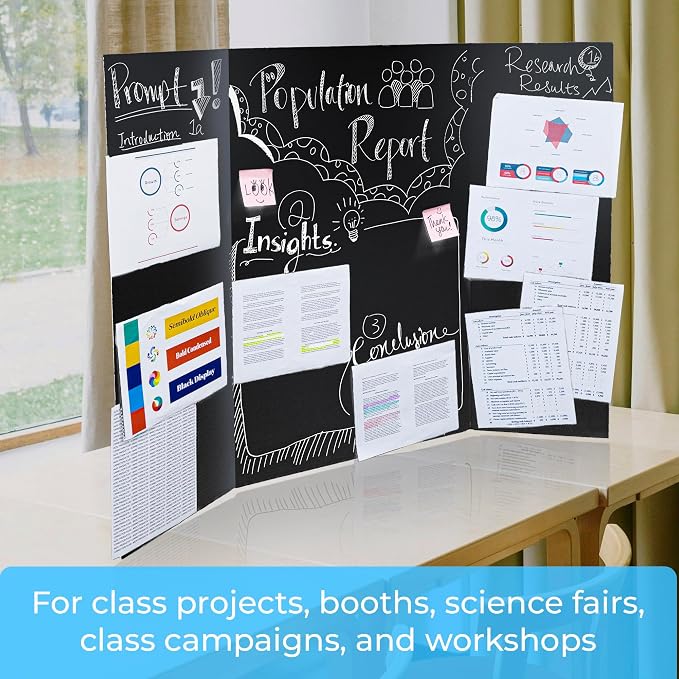 BAZIC Products Black Tri-Fold Presentation Board, 36 x 48 in, Corrugated, for Science Fair Displays, 2 Pack