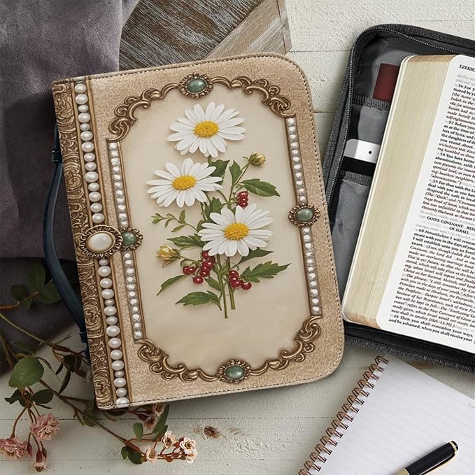 Vintage Elegant Style Flower Bible Case with Bookmark Waterproof Bible Cover Case for Women Lightweight Bible Bag with Handle Pockets Church Book Bag Brown