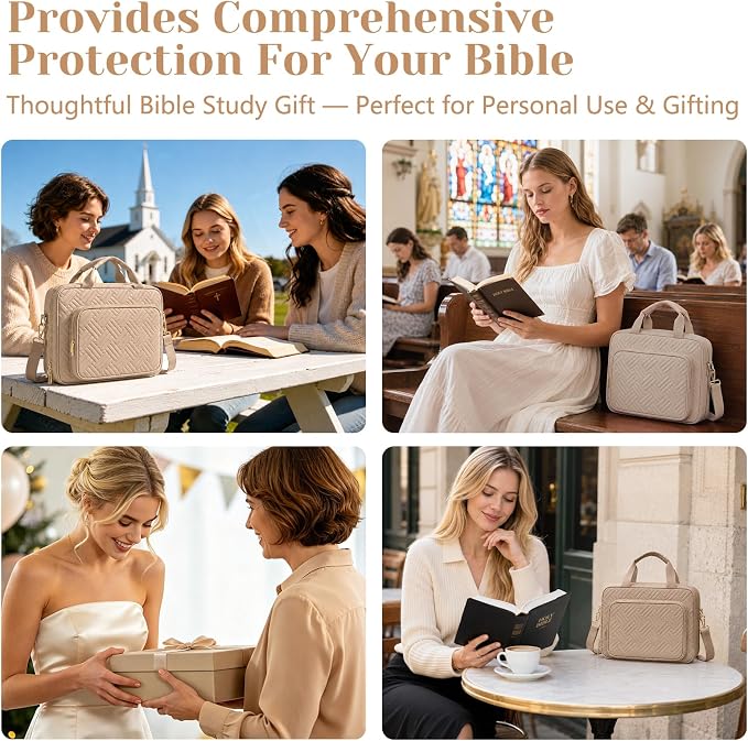 XKDOUS Bible Cover Case for Women, Quilted Large Bible Bag with Shoulder Strap, Bible Study Supplies with Highlighters, Tabs & Journaling Kit, Christian Gifts for Mom & Women (Khaki)