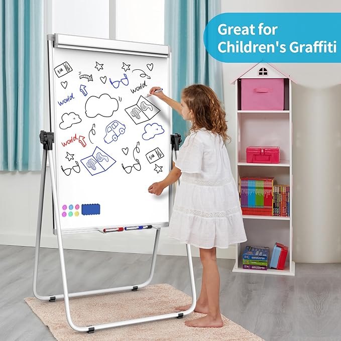 U Stand Double Sided Magnetic Dry Erase Board with Easel Stand, 40"x28" Whiteboard with Flipchart Paper Pad (25 Sheets)- Height Adjustable Standing Whiteboard for Office, Homeschooling & Studio, White