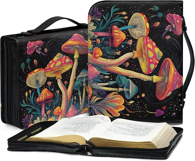 Colorful Mushrooms Bible Cover with Durable Handle,Bible Case for Women Girls,Bibl e Carrying Case Bible Journaling Supplies for Bible Cover-Size XL