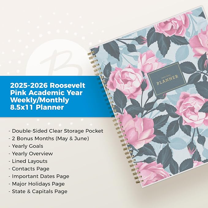 Blue Sky 2025-2026 Weekly and Monthly Academic Year Planner Calendar, July 2025 - June 2026, 8.5" x 11", Flexible Cover, Wirebound, Storage Pocket, Laminated Tabs, Roosevelt Pink