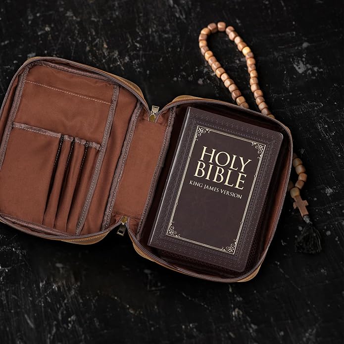 Genuine Leather Bible Cover Cowhide Bible Case for Men Women Church Bag Protective Book Holder with Double Zippers Full Grain Leather Portfolio Organizer Bible Carrying Case with Handle