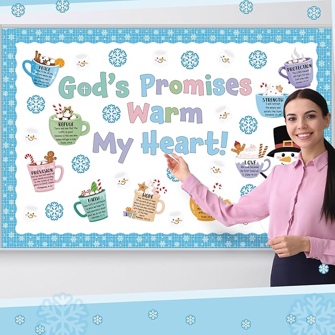 60 Pcs Winter Christian Bulletin Board Hot Cocoa Marshmallow Classroom Decoration God's Promises Warm My Heart Bulletin Board Snowflake Winter Christmas for Holiday School Office Wall Door