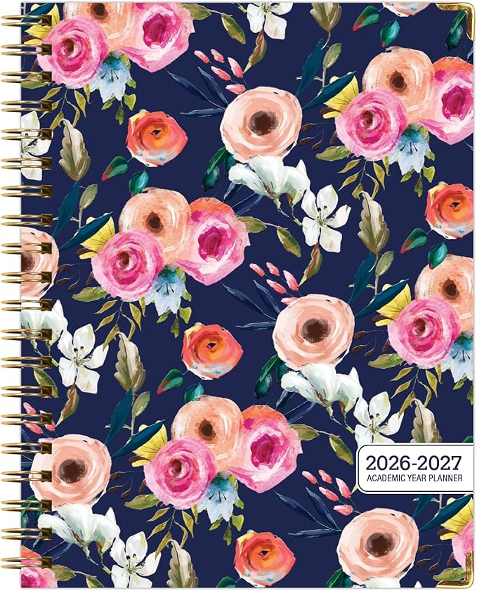 HARDCOVER Academic Year 2026-2027 Planner: 14 Months (May 2026 Through June 2027) 8.5"x 11" Daily Weekly Monthly Planner Yearly Agenda. Bookmark, Pocket Folder and Sticky Note Set (Small Navy Floral)