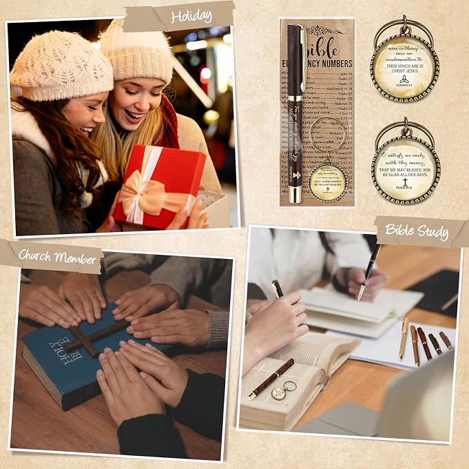 Feifeiya 75 Pcs Father's Day Christian Gifts Bulk 25 Bible Verse Pens 25 Religious Keychains 25 Emergency Number Bookmark Christian Church Gifts for Men Pastor Sunday School Church VBS(Brown,Stylish)