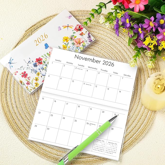 Gueevin 2026 Pocket Calendar for Purse with Pen Small Pocket Planner Handy Weekly Monthly Planner Journal Writing Notebook Valentine New Year Gift Sister Friend Women(Wildflower,Light Green)