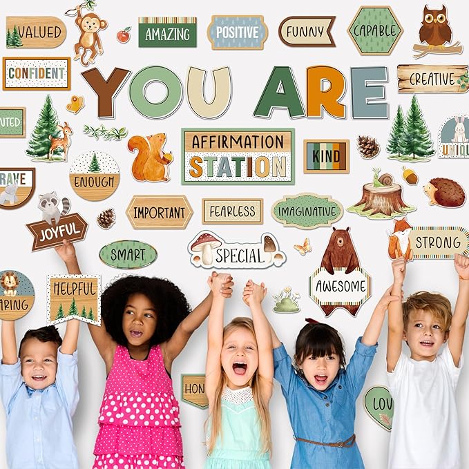 45pcs Woodland Bulletin Board Set Motivational Posters Classroom Mirror Growth Mindset Decor Positive Affirmations Accents Cutouts for School Office Home Teacher Wall
