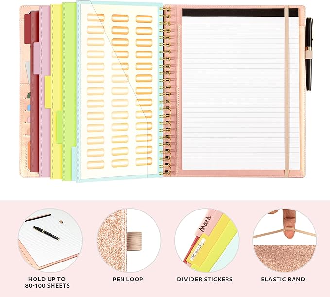 Ospelelf Clipboard with Storage for Women, Leather Padfolio Portfolio Organizer 5 Folders with 10 Pockets, Spiral Clipboard Folio with Notepad for Letter Size, Elastic Closure and Pen Loop Rose Gold