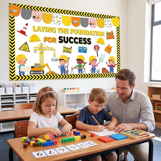 Construction Bulletin Board Set Inspirational Classroom Decoration Laying the Foundation for Success Bulletin Board DIY Name Tag Positive Paper Cutout for Back to School Classroom Home Wall Decor