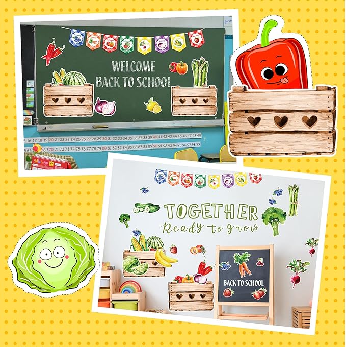 Fuutreo 75 Pcs Farmers Market School Classroom Bulletin Board Decoration Set Fruit Vegetable Classroom Bulletin Board Paper Growth Cutout Accent for Wall Chalkboard Decor