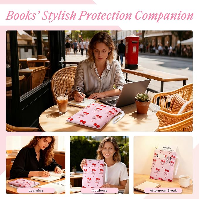 Book Sleeve with Zipper, 11''x 9'' Waterproof Paperback Sleeve for Book Lovers Books Pouch Cover with Handle for Hardcovers Kindle Sleeve for Reader Teacher Women (Red Cherries, 11x 9 inch)