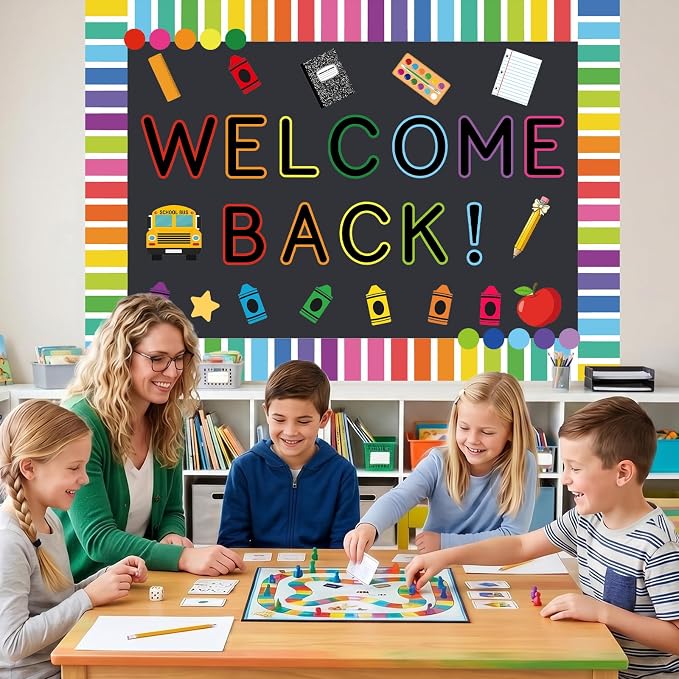 Mooliwe 94 Pcs Composition Notebook Classroom Decor Welcome Back to School Bulletin Board Set Checkered Classroom Decor Smile Face Stationery Paper Cutouts for First Day of School Wall Door(Striped)