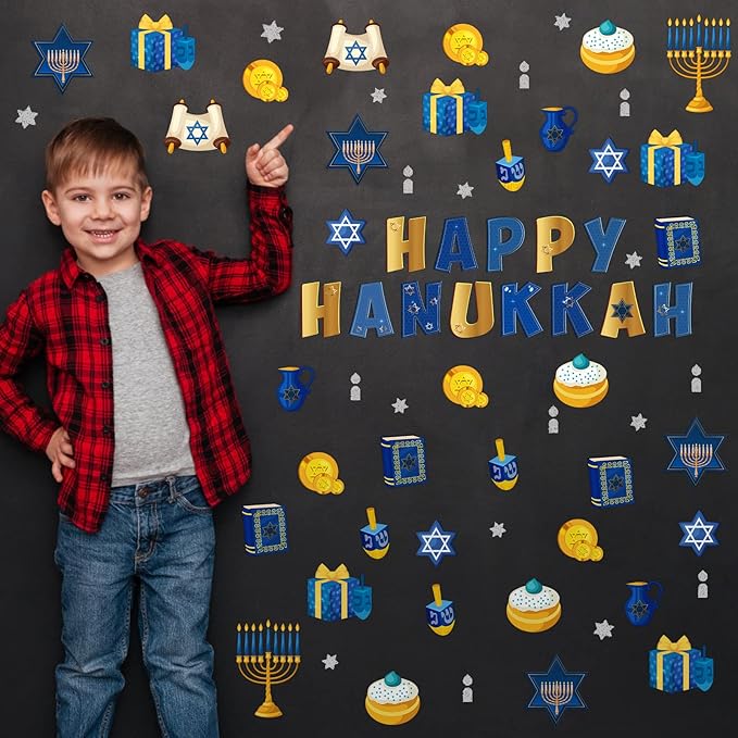 68 Pcs Hanukkah Classroom Bulletin Border Decoration Happy Hanukkah Cutouts Star Menorah Dreidel Bible Scroll Gold Cutouts for School Chalkboard Kwanzaa Party Wall