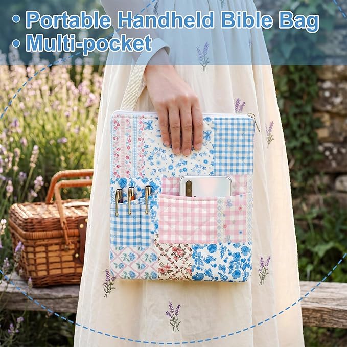 Gilprop Blue Spliced Bible Book Sleeve with Zipper 11" x 9" Padded Protector Washable Quilted Book Covers Printed Bible Pouch with Handle Pockets Protector for Books Lover Christian Gifts