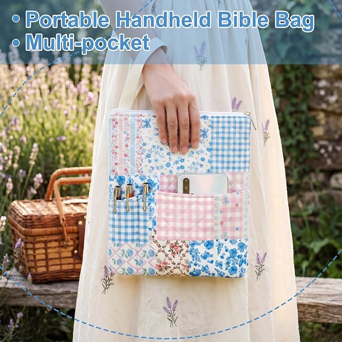 Gilprop Blue Spliced Bible Book Sleeve with Zipper 11" x 9" Padded Protector Washable Quilted Book Covers Printed Bible Pouch with Handle Pockets Protector for Books Lover Christian Gifts