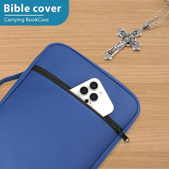 CDBXPRG Bible Cover, Bible Carrying Book Case for Women,Protective Church Organizer Holder Bag with Handle Pockets,Christian Gift for Girls Boy and Men Blue