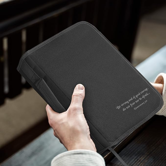 DEHITE Bible Cover for Men — Bible Cover Cases for Men – Black Extra Large Size – Bag Fits Book 11.12 x 8 x 2.12 in – Pen Slots – Zippered Pocket – Premium Fabric – Christian Gift Accessorie