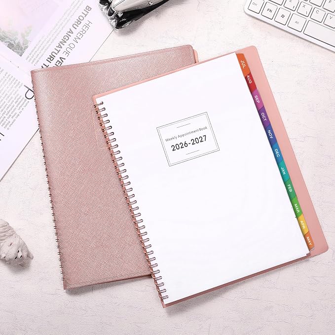 MaaIbok Appointment Book 2026-2027 for School, Office, Home Faux Leather Tab, 15-Minute, Spiral Bound Hourly Planner Appointment Scheduling Book with Tabs - Rose Gold 8.5" x 11"