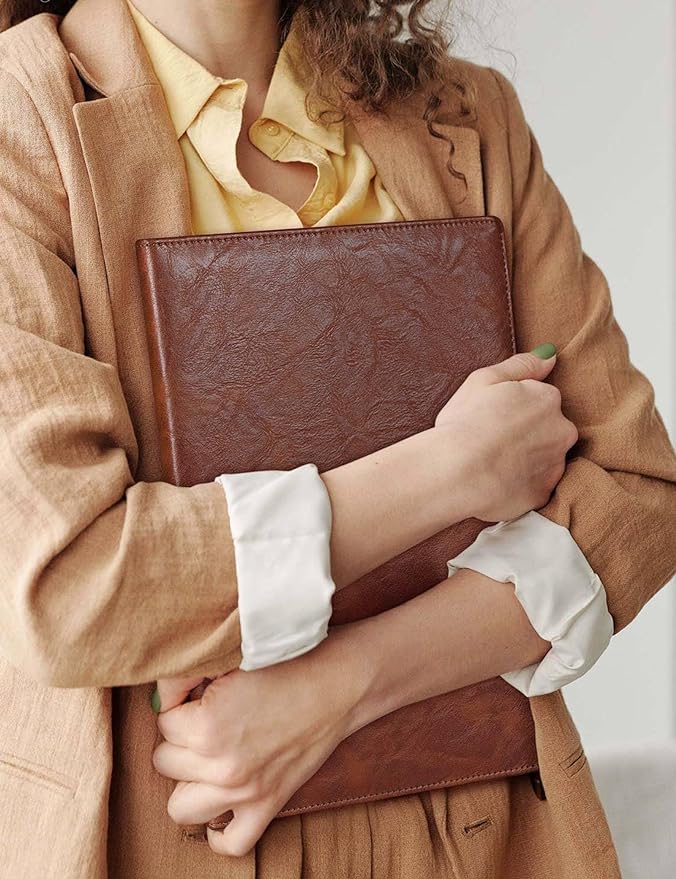 Mymazn Padfolio Portfolio Folder, Faux Leather Interview Resume Folder with Document Organizer & Business Card Holder, Letter-Sized Notepad Legal Pad Holder for Men Women (Brown)