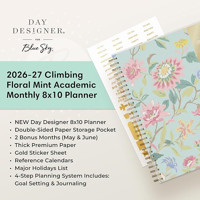 Blue Sky Day Designer 2026-2027 Monthly Academic Year Planner Calendar, July 2026 - June 2027, 8" x 10", Monthly Layout, Flexible Cover, Wirebound, Laminated Tabs, Climbing Floral Mint