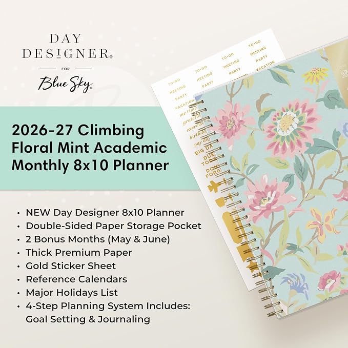 Blue Sky Day Designer 2026-2027 Monthly Academic Year Planner Calendar, July 2026 - June 2027, 8" x 10", Monthly Layout, Flexible Cover, Wirebound, Laminated Tabs, Climbing Floral Mint