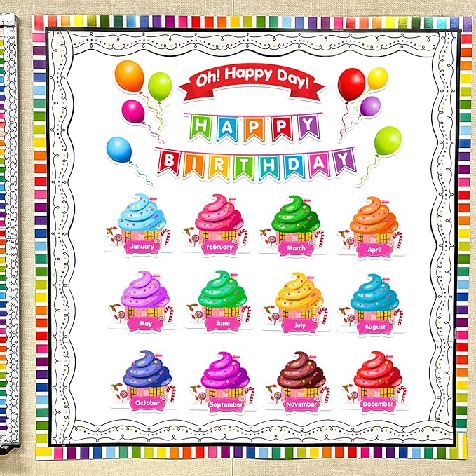 EAMAY Happy Birthday Bulletin Board Sets, Preschool & Kindergarten Classroom Decorations, Back to School Classroom Supplies, Cardstock Colorful Cutouts (Rainbow)