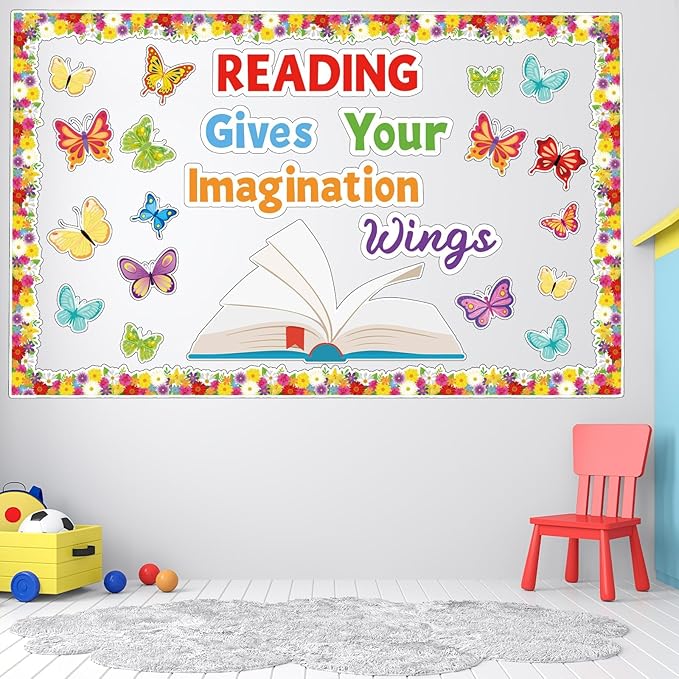 Qyeahkj Spring Reading Bulletin Board Set Classroom Decorations Reading Gives Your Imagination Wings Bulletin Board Butterfly Flower Paper Cutouts for Classroom School Read Wall Decor Supplies