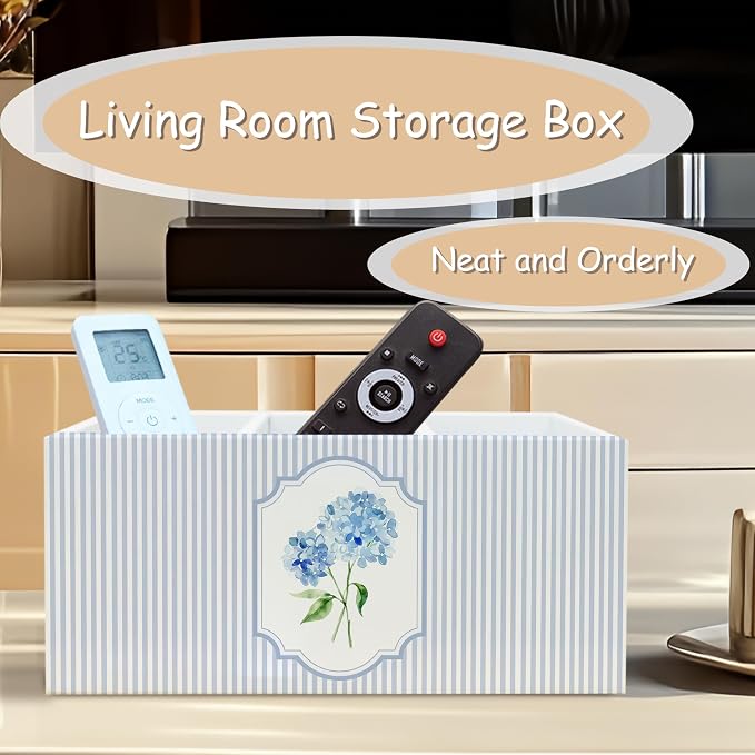 Blue Hydrangea Pen Pencil Holder Organizer for Desk, Blue and White Striped Floral Cottagecore Wooden Box Block Sign for Home Office Tabletop Decor