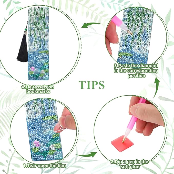 4 PCS Diamond Art Bookmarks Monet Water Lily, DIY Acrylic Diamond Painting Bookmarks Kits for Adult Reader and Crafts Lovers