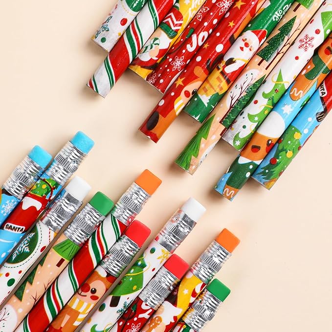DIYASY 100 Pcs Christmas Pencils for Kids, Holiday Pencils Bulk with Erasers Xmas Wood Pencil Party Favor Supplies Classroom Rewards Prizes Stationery Decorations 10 Styles