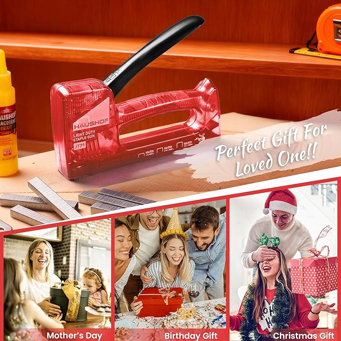 HAUSHOF Light Duty Staple Gun, Upholstery Staple Gun with 800PCS JT21 Staples and Stapler Remover, Fits JT21 Staple of 1/4'', 5/16'' & 3/8'', Used for Wood, Classroom, Crafts, DIY (Red Transparent)