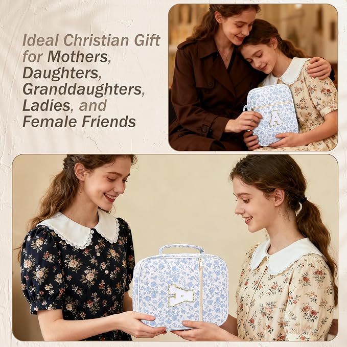 XKDOUS Bible Cover for Women Quilted Bible Bag Church Book Carrying Case with Letter A, Handle, Study Supplies Organizer Portable Church Book Carrier Christian Gifts for Mom, Lady
