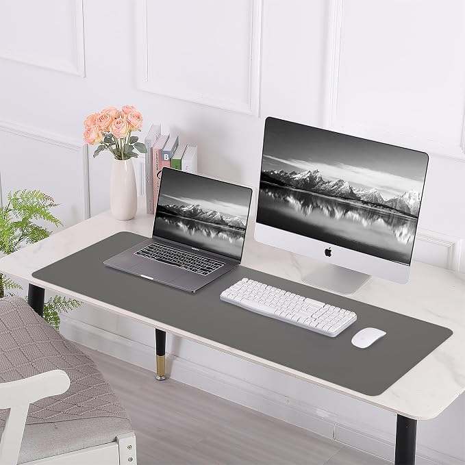 AFIING Leather Desk Pad Protector, 47" x 17" Large Desk Mat with Natural Cork & PU Leather, Mouse Pad, Non-Slip, Waterproof Desk Writing Pad for Office and Home (Dark Grey)