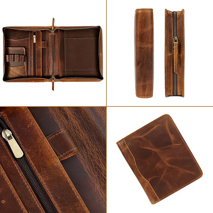 ELIZO Leather A5 Portfolio Padfolio Folio A5 Notebook Journal Cover Planner Binder Small Mens Business Work Folder Organizer (Antique)