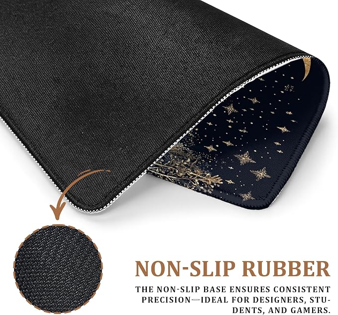 Boho Witchy Crescent Moon Deer Mouse Pad, William Morris Inspired Navy Blue and Gold Night Sky Forest Animal Mouse Pad for Home Office Computer Gaming Desk Essentials, 9.5x7.9 Inch